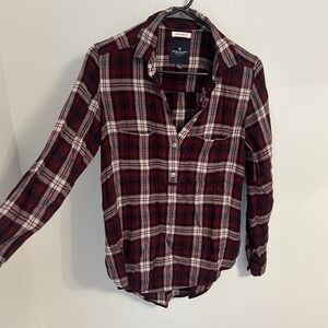 American Eagle Womens Popover Flannel Boyfriend Fit Top Size S Red Plaid Button